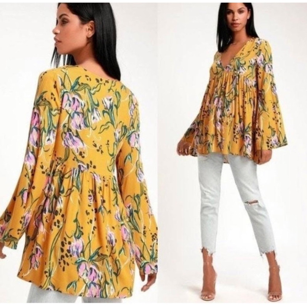 Free People Bella Floral Tunic Top Womens Large Yellow Excellent Bell Sleeve